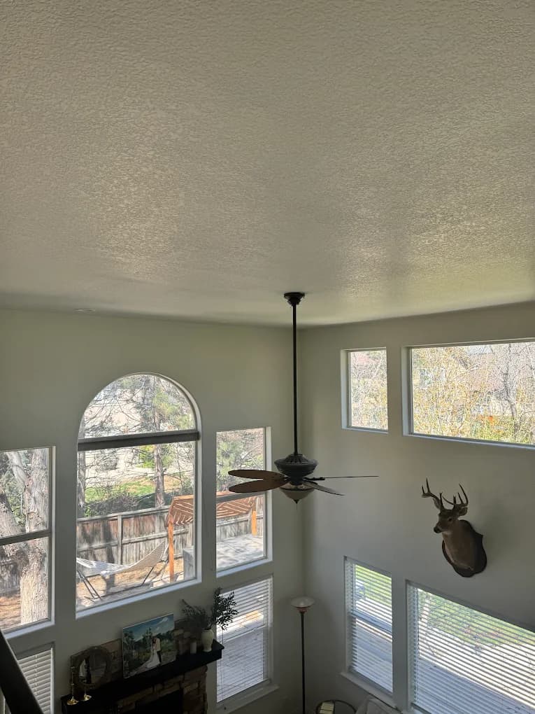 Vaulted room with the original popcorn texture still in place