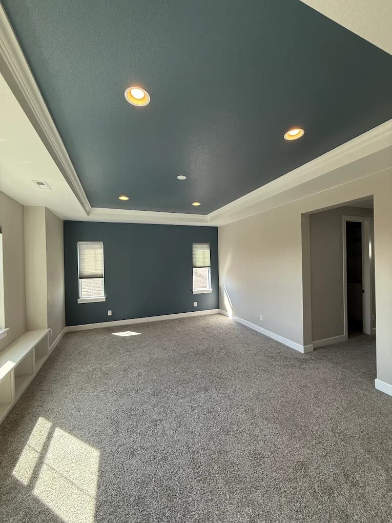 Empty room with a painted teal ceiling and pale walls